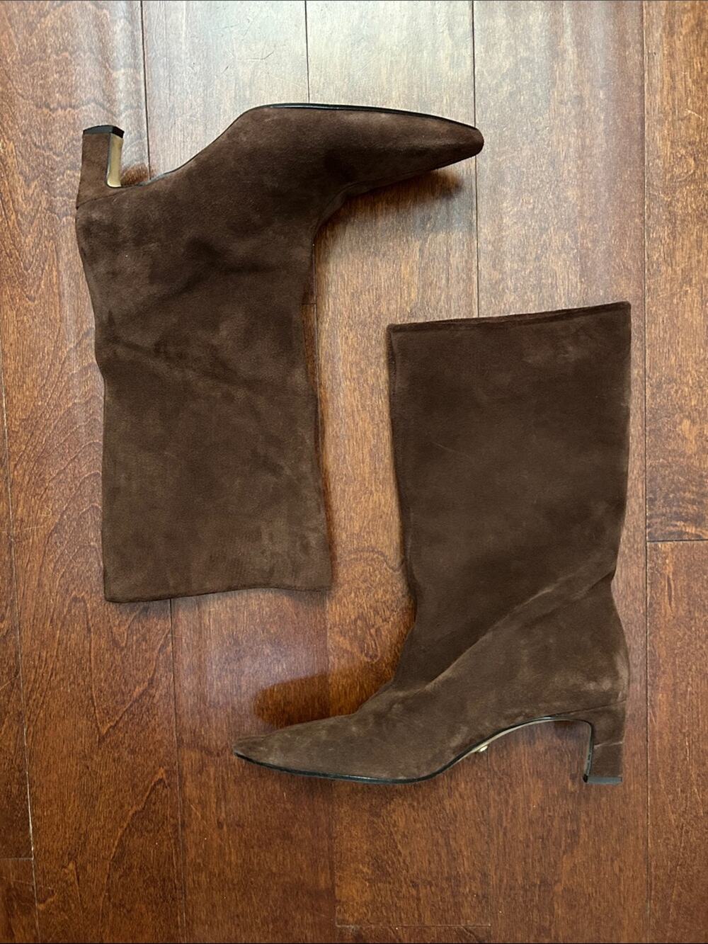 Zara Women's Retro Brown Suede Mid-Calf Pointed Toe Heeled Boots, Size 40